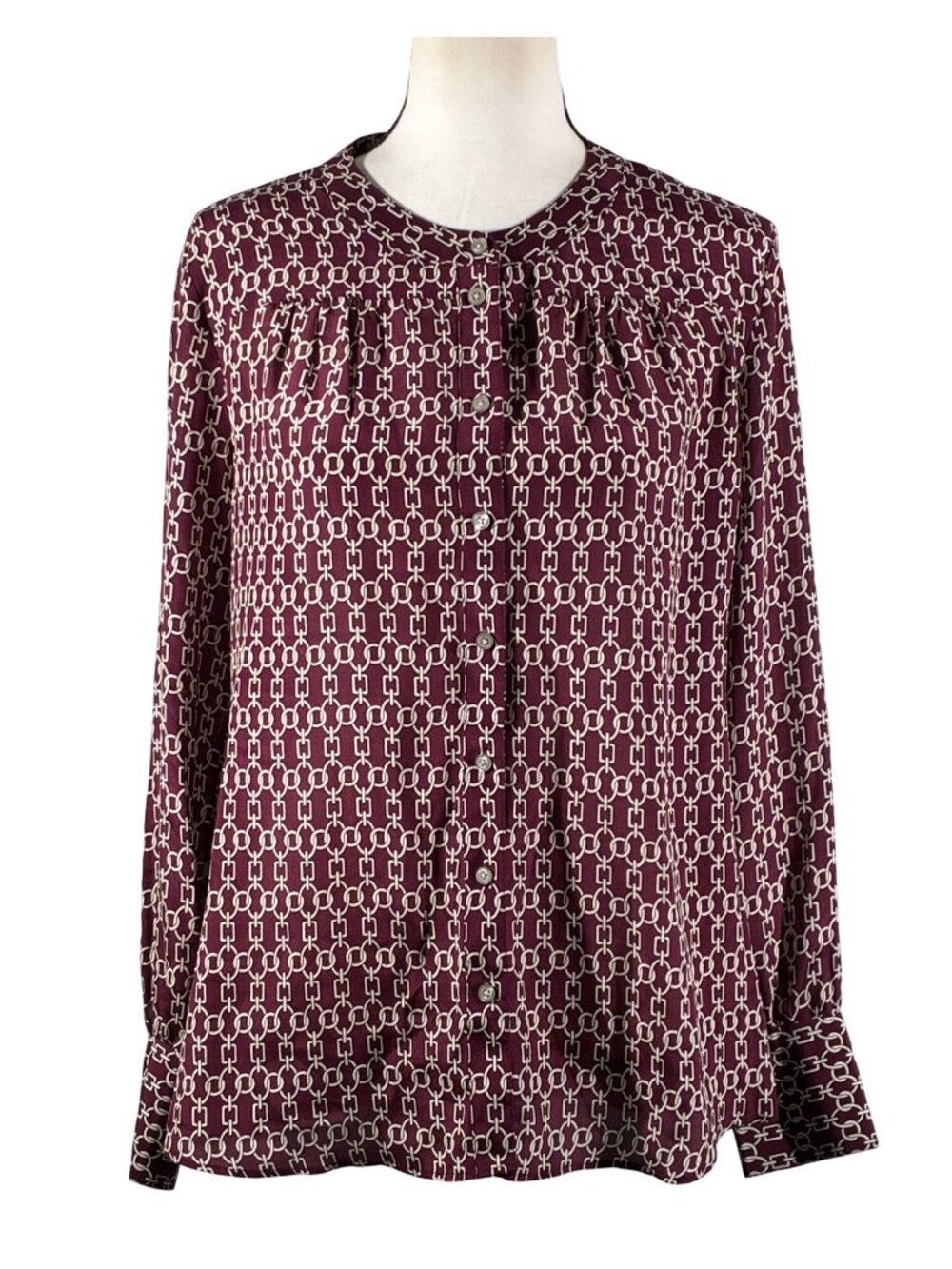 Banana Republic Womens Burgundy Chain Print Silk Button-Down Blouse collarless S